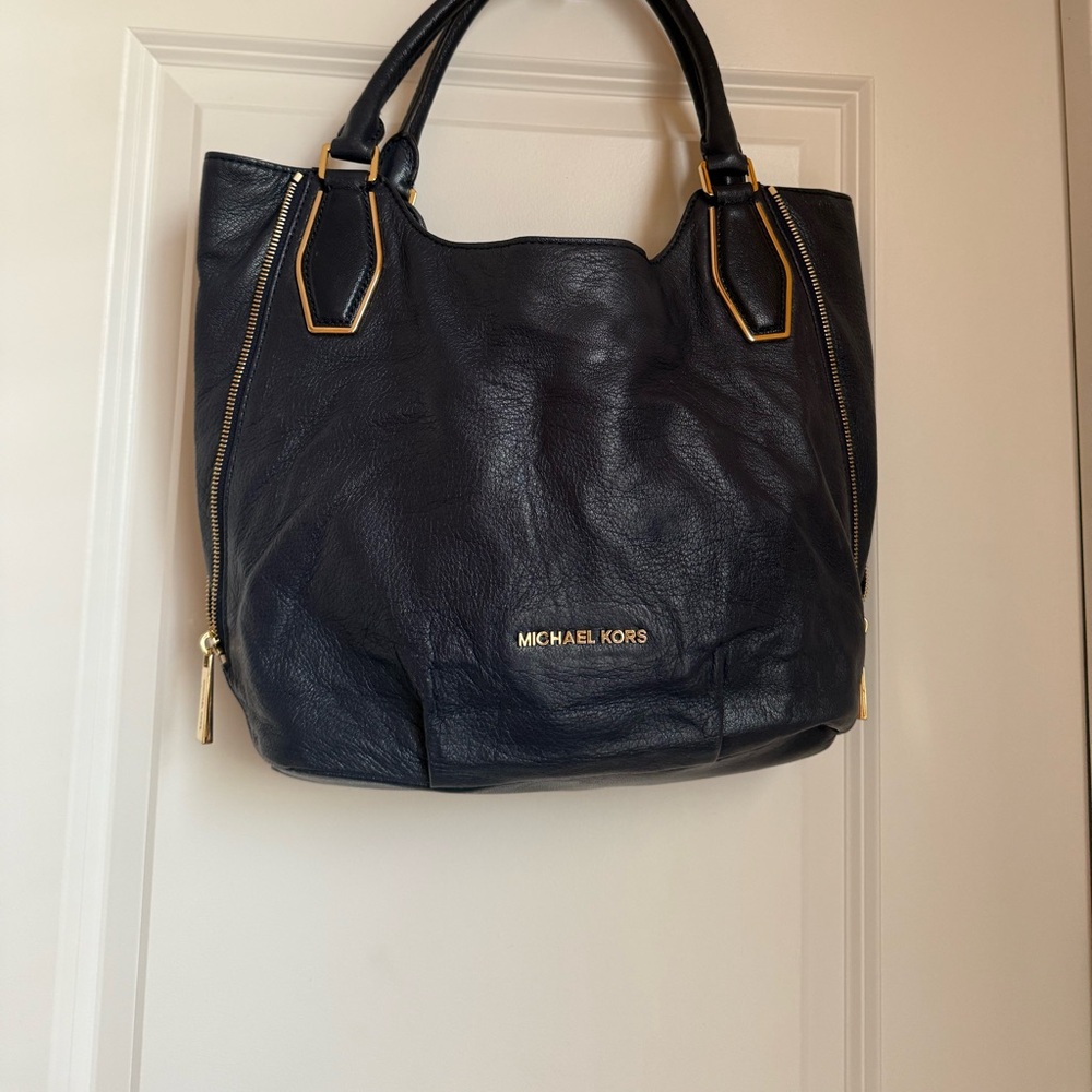 Michael Kors Navy Leather Tote with Gold Details